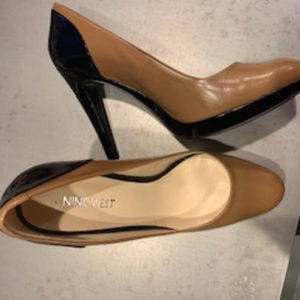 camel and black patent pumps -size 7